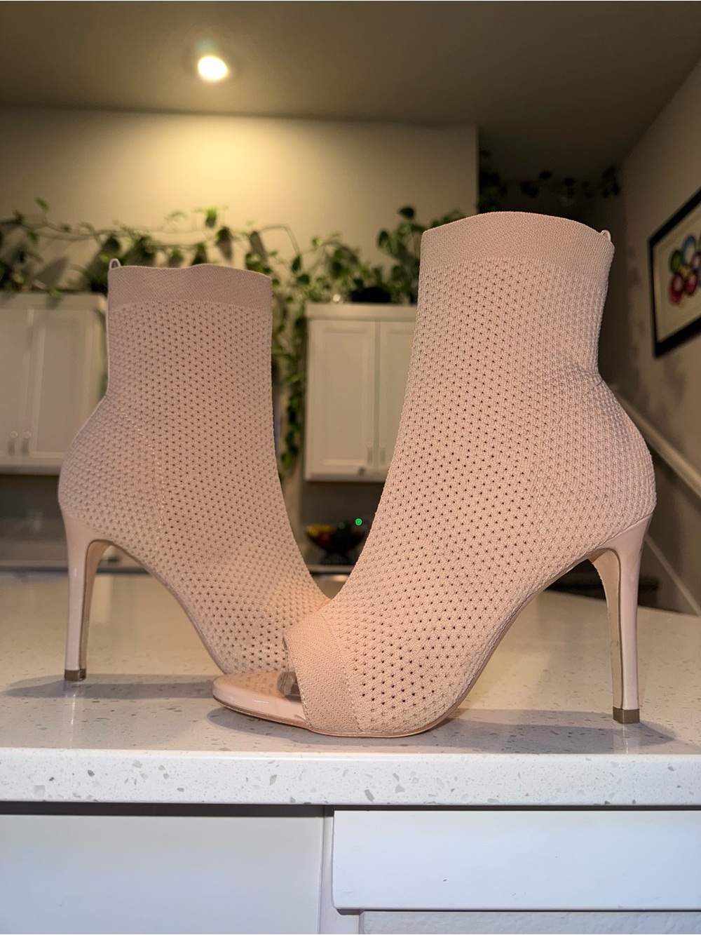 Catherine Malandrino Nude Knit Peep-Toe Stiletto Booties